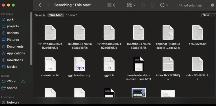 Finder searching This Mac for q4 priorities: four copies of 161.fffb4847807ab2a6d16f.js, appchat js, b75uul2sr.txt, en-lexicon.txt, ggml-vulkan.cpp, ggml.h, a leadership article in HTML and two more index js files