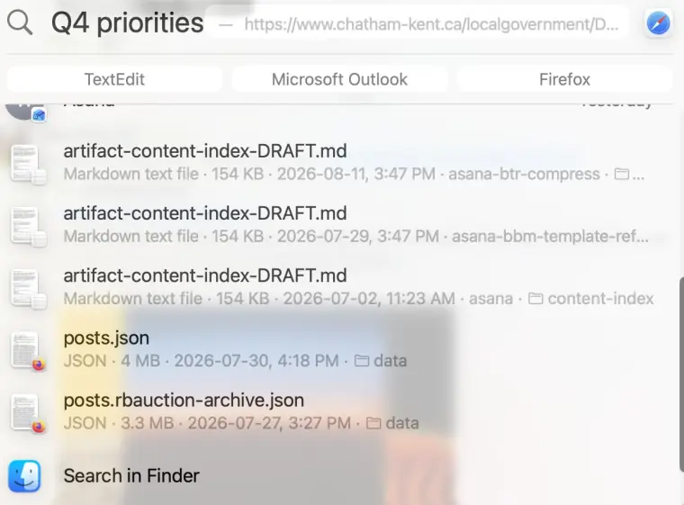 Spotlight results for Q4 priorities: a web page, three copies of artifact-content-index-DRAFT.md, posts.json and posts.rbauction-archive.json