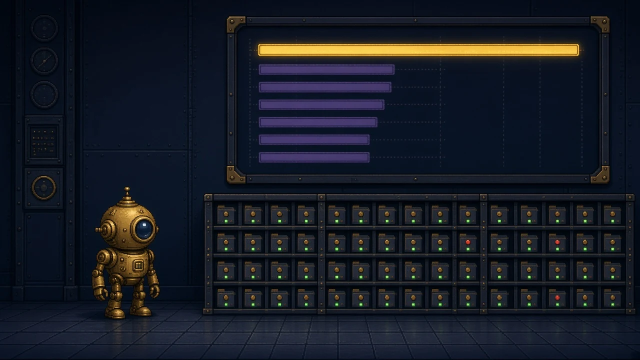 Pixel-art illustration: a small gold robot beside a results board, above a grid of sealed test drawers with pass and fail lights.