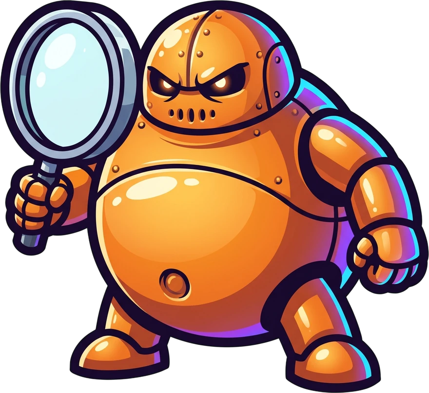 Shlex, a round orange robot holding up a magnifying glass