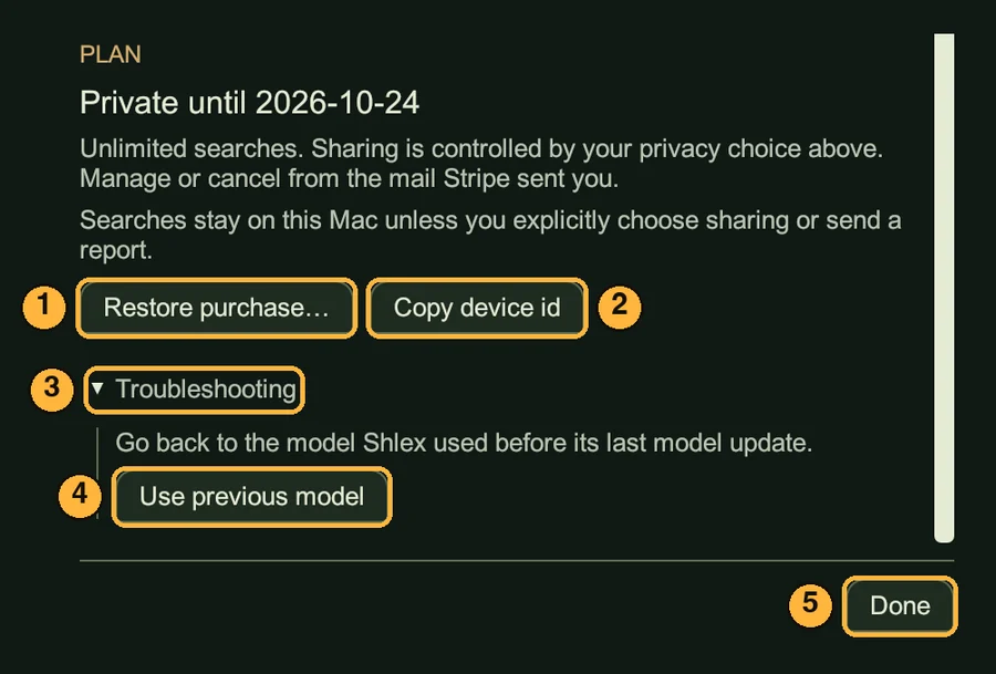 The bottom of Settings: the plan status, Restore purchase and Copy device id buttons, the Troubleshooting section with Use previous model, and Done, numbered 1 to 5.