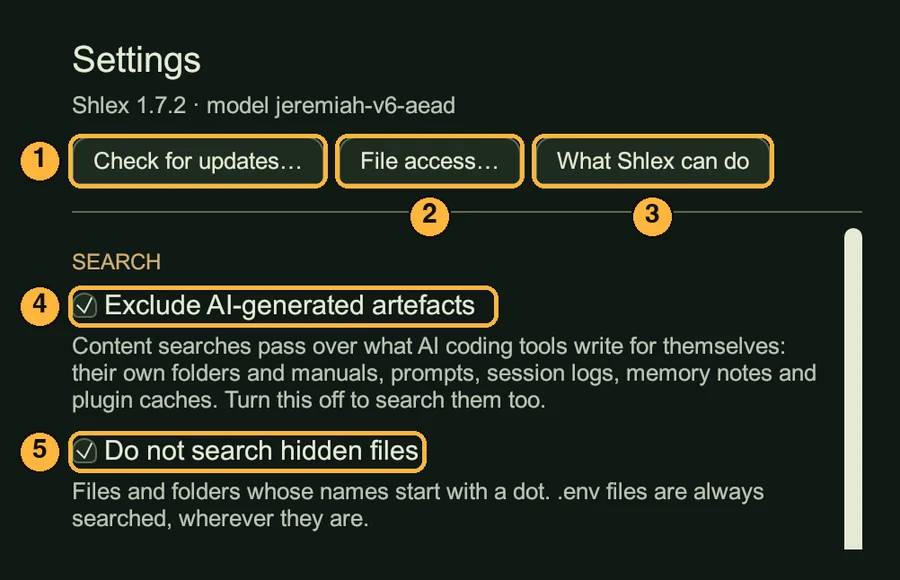 Top of the Settings panel: Check for updates, File access and What Shlexball can do buttons, then the Exclude AI-generated artefacts and Do not search hidden files checkboxes, numbered 1 to 5.